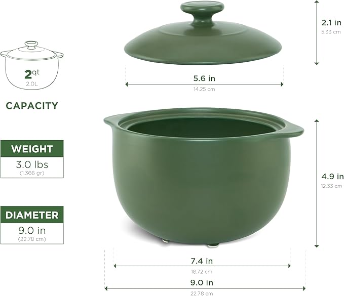 MINH LONG 2-Qt Porcelain Dutch Oven with Lid – Lead & Cadmium Free, Oven Safe to 482°F, Heat Retention, Clay Pot for Cooking on Gas & Infrared Cooktop, Use to Marinate, Cook, Bake, Refrigerate & Serve