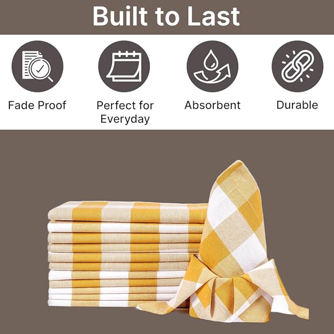 LFH Home Buffalo Check Cloth Dinner Napkins Set of 12, Cotton Napkins, 100% Cotton Checkered Wedding Christmas New Year Dinner Napkins with Mitered Corners and Generous Hem - 18 x 18 Mustard White