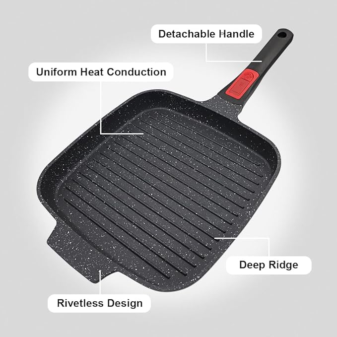 RANX INGST Griddle Pan with Detachable Handle, 10 Inch Cast Aluminium Non Stick Steak Pan for Induction Hob, Black