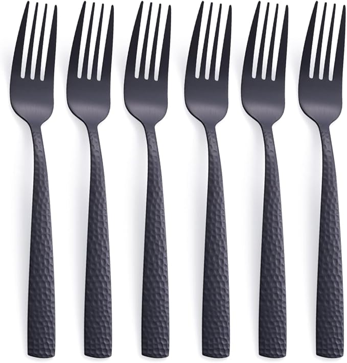 Matte Black Dinner Fork Set of 6, 8.0 inches Stainless Steel Black Silverware, Metal Hammered, Satin Finish