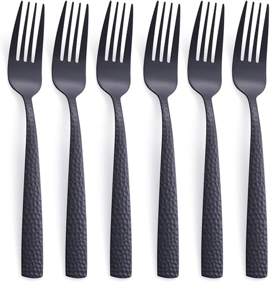 Matte Black Dinner Fork Set of 6, 8.0 inches Stainless Steel Black Silverware, Metal Hammered, Satin Finish