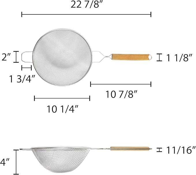 TrueCraftware- 10-Inch Double Medium Mesh Strainer Stainless Steel 10-3/4" Handle Length Wooden Handle- Kitchen Utensil Food Strainer Skimmer Spoon for Cooking Sieve Sifters Pasta Fruits Vegetable