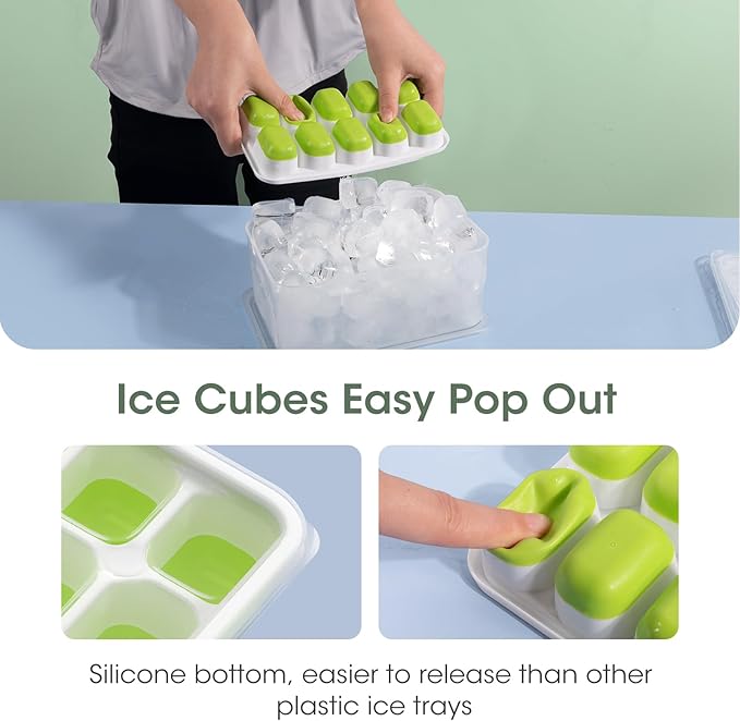 DOQAUS Ice Cube Tray with Lid and Bin - 4 Pack Silicone Ice Cube Trays for Freezer, Stackable Ice Bucket Kits with Storage Container & Scoop for Kitchen, RV, Cocktail, Coffee