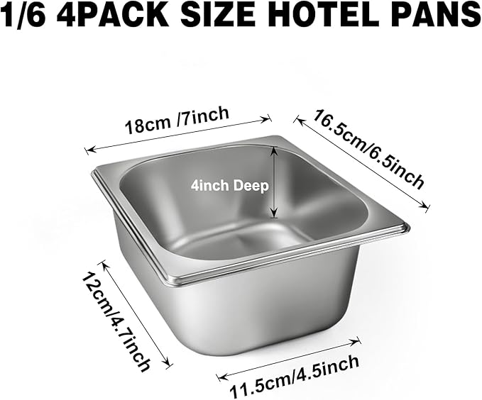 West Bay 4 Pack 1/6 Size Hotel Pan with Lids, 4'' Deep Steam Table Pan with Lid, 7''L x 6.5''W Stainless Steel Pans for Home, Party, Hotel, Buffet