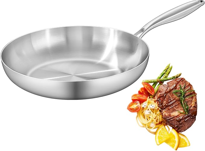 GIUOIDUO 12 Inch Tri-Ply Stainless Steel Frying Pan, Skillet, pan, Induction Cooking Pan, Dishwasher and Oven Safe, Fast & Even Heat, Heavy Duty and Detachable Handle，Fried steak&fried eggs