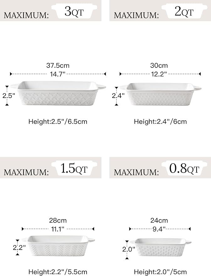 Casserole Dishes for Oven - Ceramic Bakeware Sets of 4, Rectangular Baking Deep Dishes with Handles, Lasagna Pans for Kitchen Cooking & Wedding Gift, Embossed