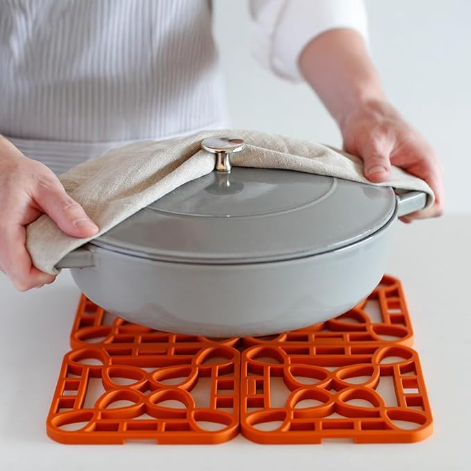 Capabunga 2-Pack Trivets for Hot Dishes - Orange Interlocking Hot Pads for Kitchen, Coffee Bar Essentials, Silicone Mats for Kitchen Counter, Heat Resistant Silicone Trivets for Pots and Pans