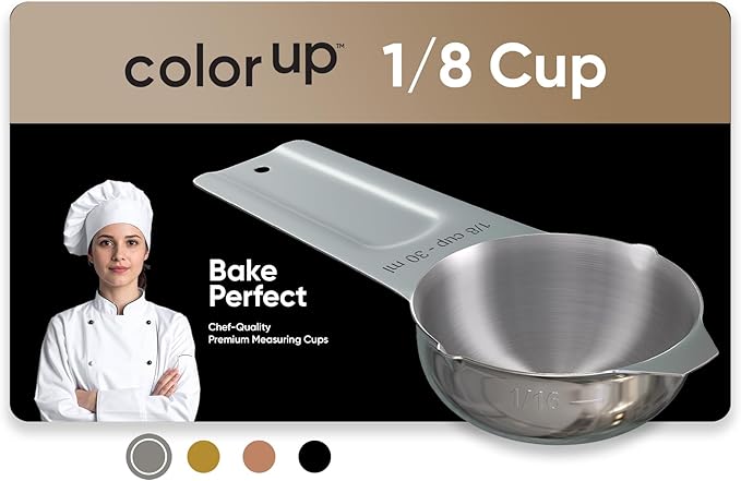 Color Up ⅛ Cup Measuring Cup (30 ml) – Premium Chrome Stainless Steel, Accurate for Wet & Dry Ingredients, Embossed Markings, Easy-Pour Spouts, Dishwasher-Safe, Kitchen Essential