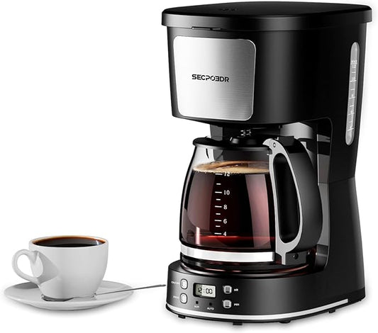 SECPOEDR 12-Cup Drip Coffee Maker with Reusable Filter,Programmable Clock,Auto Brew,Water Window,Keep Hot Plate,Glass Carafe,Compact Design for Kitchen,Office,Silver and Black,Stainless Steel