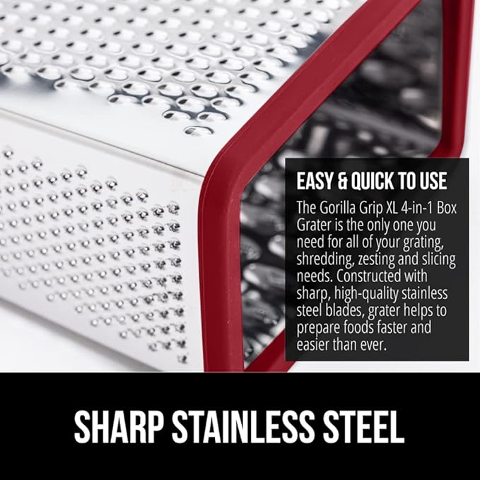 GORILLA GRIP 4-Sided Stainless Steel Cheese Grater With Container, 100% BPA-Free Box Grater, Slip Resistant Base and Handle, Grate Parmesan, Hard Cheeses, Shred Vegetables, Dishwasher Safe, Red