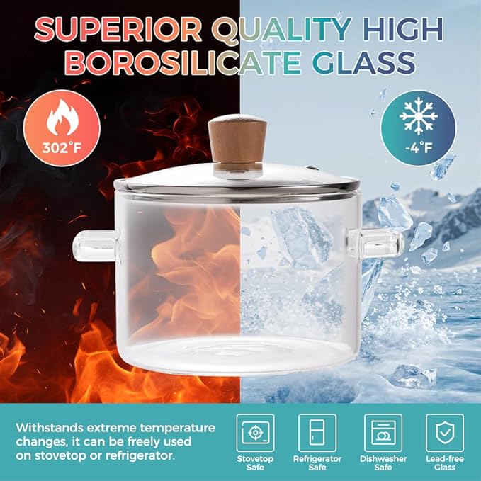 Recceng Glass Pots for Cooking on Stove, 1.8L/60 OZ Clear Simmer Pot Potpourri, Glass saucepan with Lid, Cookware for Stovetop