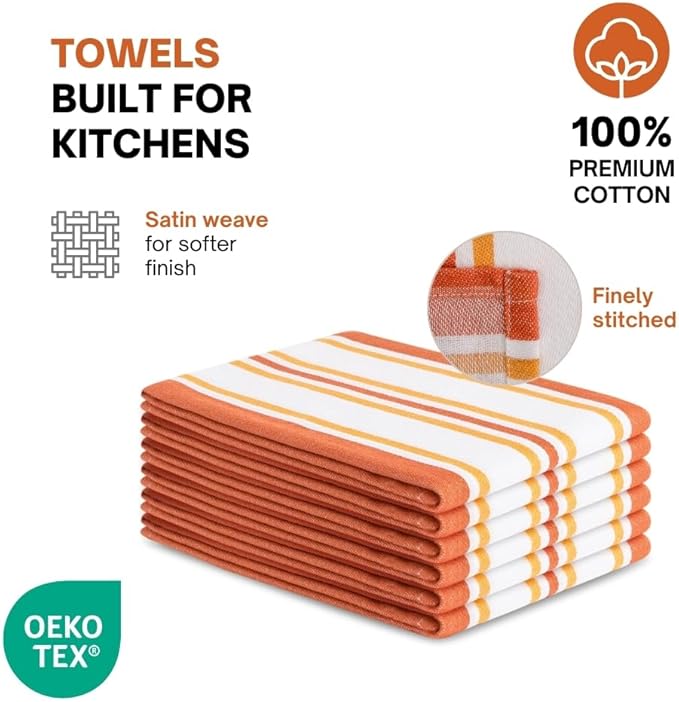 Kitchen Towel Set of 6, 100% Cotton Quick-Drying Absorbent Dish Towels & Tea Cloths, 20x30 Inch Decorative Farmhouse Towels for Kitchen, Honey Ginger,Grey & White Stripes