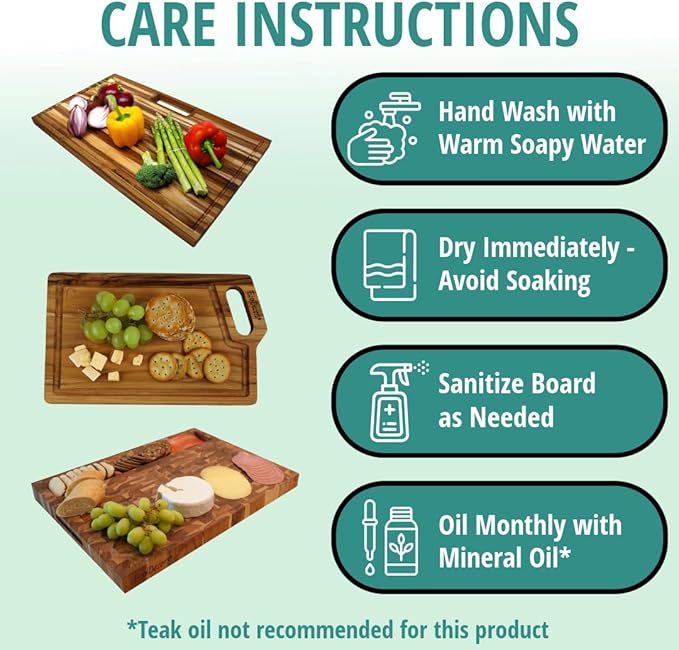 EcoDecors, Teak Cutting Board 24x18, FSC Certified Edge Grain Wood Reversible Butcher Block with Juice Groove, 3 Charcuterie Trays & Handles, Large Teakwood Cutting Board for Kitchen & Carving