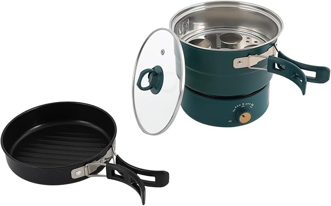 Multifunctional Electric Cooker，500W 110V Folding Portable Multi-Functional Non-Stick Split Electric Hot Pot,1.6L Mini Ramen Cooker for Pasta, Soup, Oatmeal Steak, Eggs StirFrying (green)