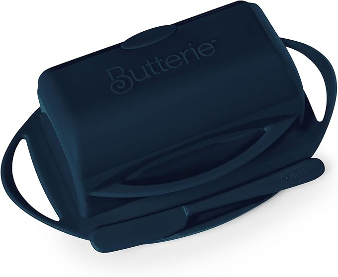Butterie Flip-Top Butter Dish with Lid & Matching Knife, Holds 2 Sticks/European Butter, No-Mess Butter Holder, Shatterproof, Dishwasher Safe, Navy