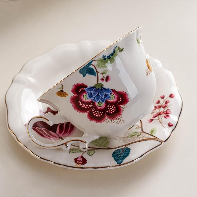 Jomop Ceramic Tea Cups Coffee Cup and Saucers Set of 4 (Blue and Red)