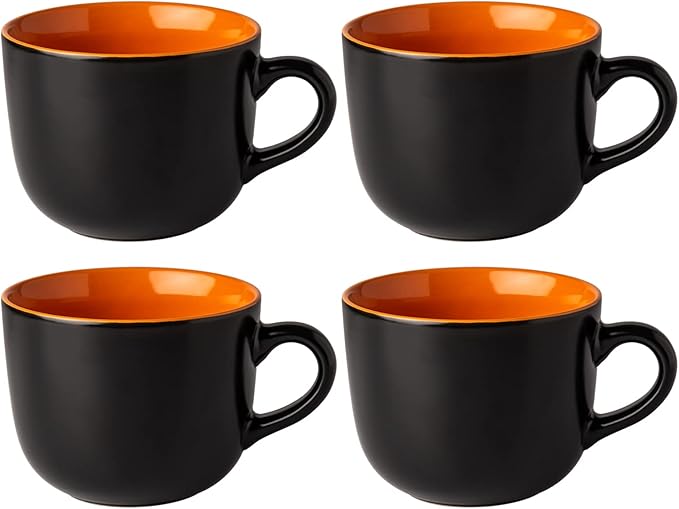 GBhome Jumbo Soup Mugs with Handles, 24 Oz Large Coffee Mugs Set of 4, Ceramic Soup bowls for Coffee,Cereal,Snacks,Salad,Noodles etc Soup Cups,Microwave&Dishwasher safe-Orange Inside