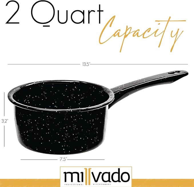 Millvado 2 Quart Granite Saucepan, Naturally Nonstick Sauce Pots, Speckled Enamel Ware Cookware, Small Sauce Pan for Cooking and Boiling - Granite Cooking Pot for Stovetop, Campfire, Outdoor Stove