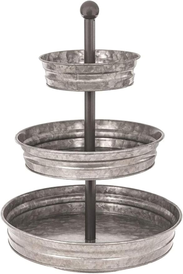 WallCharmers 3 Tier Galvanized Round Metal Tray, Three Tiered Serving Tray for Farmhouse or Cottage Theme Decor, 18 Inches, Size,