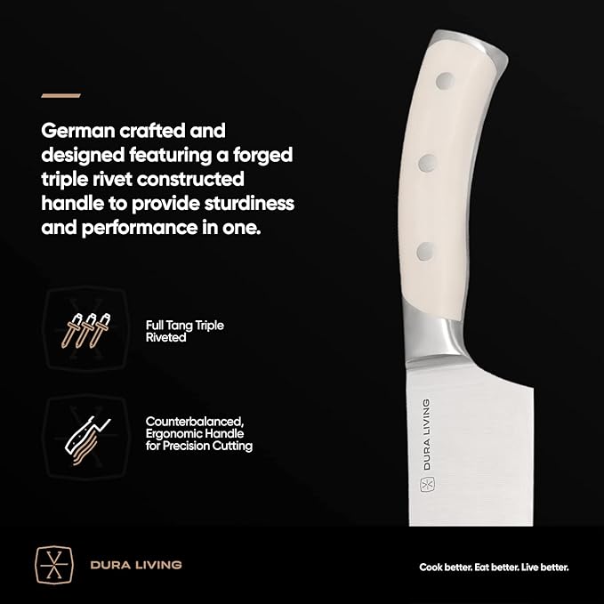 DURA LIVING 7-Inch Santoku Knife – Ultra-Sharp German High Carbon Stainless Steel, Full Tang, Ergonomic Handle, Multipurpose Kitchen Knife for Chopping, Slicing, and Dicing, Cream