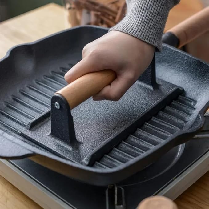 Cast Iron Grill Press with Wooden Handle, 2.4LB Heavy Duty Bacon Press, Smash Burger Press for Perfect Grill Marks, Nonstick & Versatile Meat Weight for Kitchen & BBQ, 8.1 x 4.1 Inch