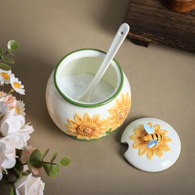 WAIT FLY Embossed Sunflower and Bee Ceramic Sugar Bowl with Lid and Spoon, Sugar Container, Sugar Jar for Kitchen Countertop, Coffee Bar-A