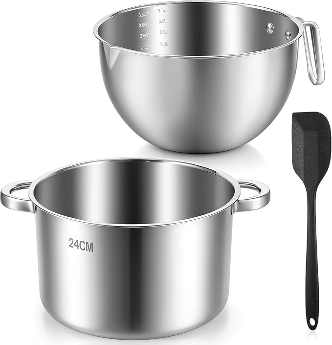 Double Boiler Pot Set, 3500ML/3.1QT Melting Bowl with Scale, 5000ML/ 4.5QT Dual-Handle Pot, Stainless Steel Double Boiler Set with Silicone Spatula, for Butter, Chocolate, Wax