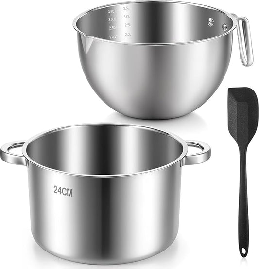 Double Boiler Pot Set, 3500ML/3.1QT Melting Bowl with Scale, 5000ML/ 4.5QT Dual-Handle Pot, Stainless Steel Double Boiler Set with Silicone Spatula, for Butter, Chocolate, Wax