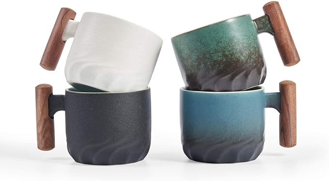 Ceramic Espresso Cups with Wooden Handle Espresso Shot Cups Ceramic Tea Cups Porcelain Demitasse Cups for Coffee or Tea, 2oz (blue&green, 2)