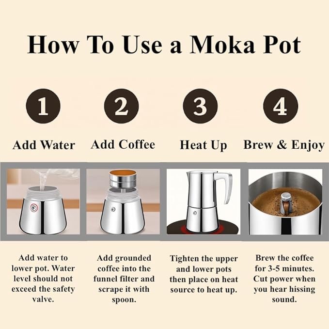 Natier Stainless Steel Stovetop Espresso Maker – Italian Moka Pot, Induction Compatible Espresso Coffee Maker with Safety Valve (6 Cups)