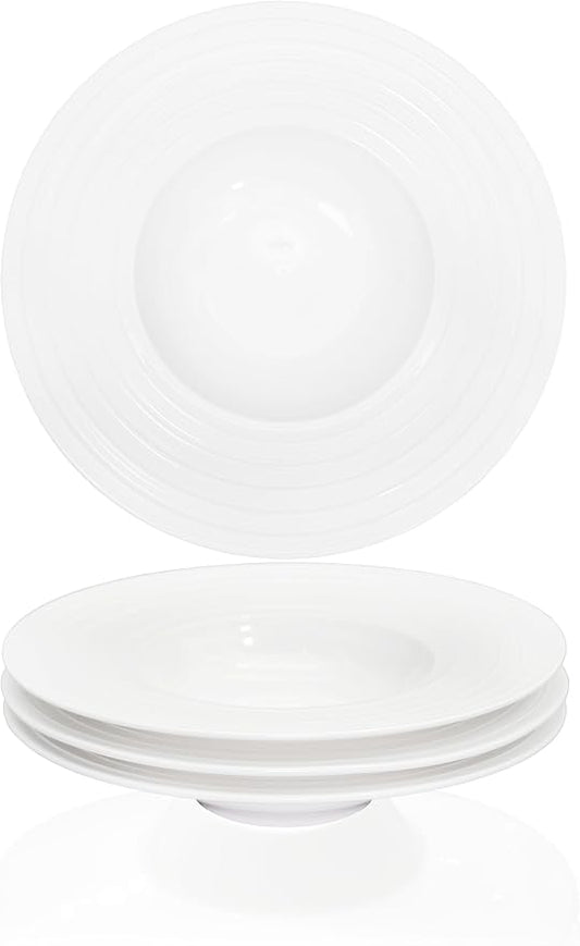 Ceramic Wide Rimmed Soup Plate, Soup Bowl 8 oz, Pasta Bowl Set of 4, White Shallow Bowl Plate with Rim, Best choice for high-end restaurants, hotels, and foodies, 9.6 Inch Coil relief
