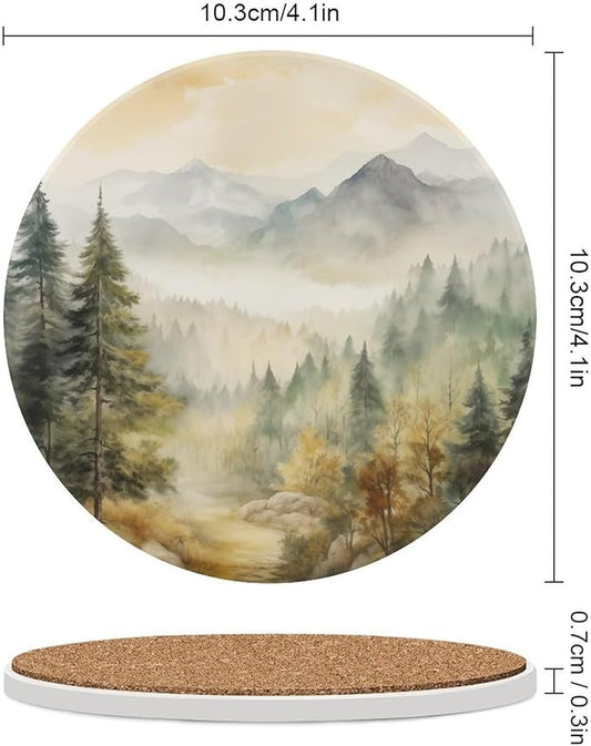 Round-6PCS Forest Ceramic Coasters, Round Absorbent Drink Coasters, Watercolor Mountain Forest Nature Tree Woodland Ceramic Table Coasters for Coffee, Beverage, Wine, Beer Coasters