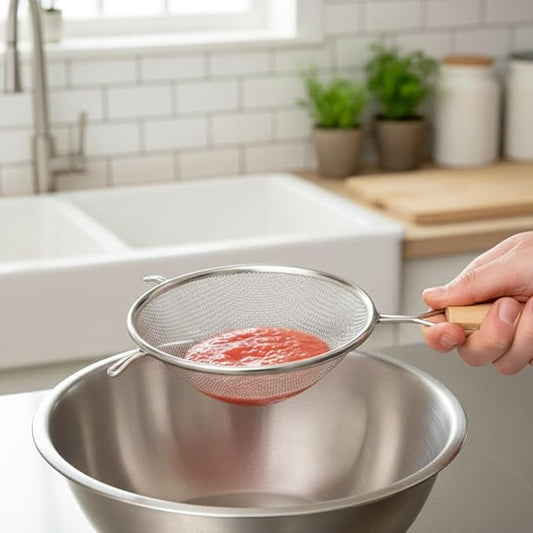 TrueCraftware- 6-Inch Single Medium Mesh Strainer Stainless Steel 6-1/2" Handle Length Wooden Handle- Kitchen Utensil Food Strainer Skimmer Spoon for Cooking Sieve Sifters Pasta Fruits Vegetable