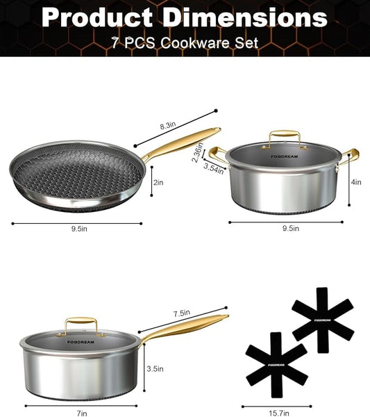 FogDream 5pcs Stainless Steel Cookware, Tri Ply Pots And Pans Set, Non Stick Frying Pans, Soup Pot & Sauce Pan With Tempered Glass Lids, Cool Handles, Dishwasher Safe, Induction Compatible, Gold