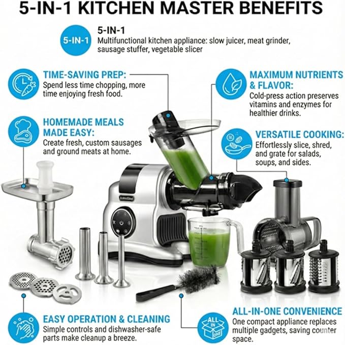 5-in-1 Masticating Slow Juicer Machine, 3" Wide Feed Chute, High Juice Yield, Easy to Clean, Includes Meat Grinder/Sausage Maker/Vegetable Slicer, Silver/Black