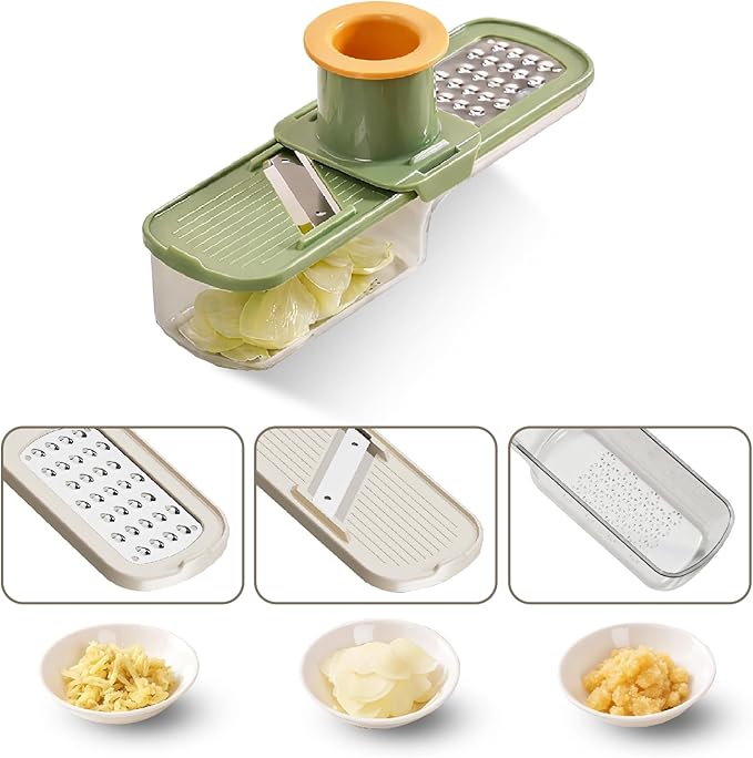 3 in 1 mini Ginger Garlic Grinder Super Thin, Multifunctional Mandoline slicer Grater with Hand Guard, Easy Grip Handheld Kitchen Tool, for Camping Cooking and Picnic (green)