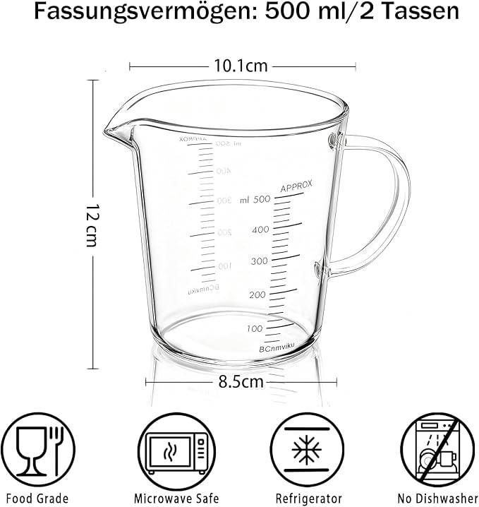 BCnmviku Glass Measuring Cups High Borosilicate 500ML 2CUPS [Insulated Handle | V-Shaped Spout]For Prepping Baking and Cooking Preheated Oven Dishwasher Freezer and Microwave Safe