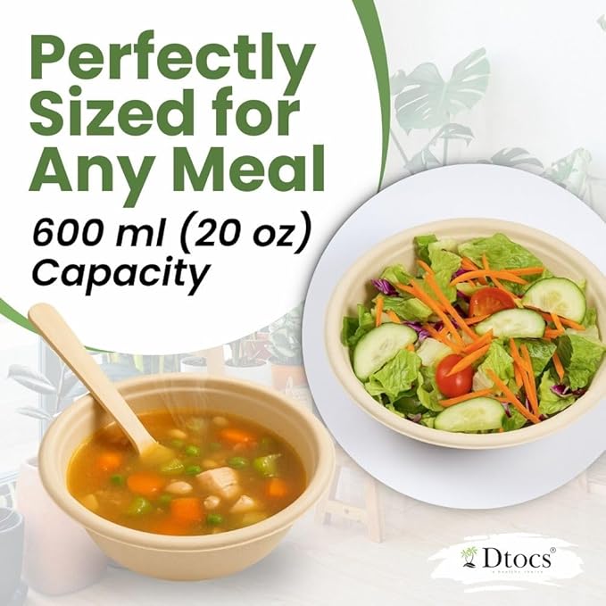 Dtocs Bamboo Fiber Disposable Bowls – 20 Oz, 50 Pk | Bamboo Round Bowl | Microwavable Bagasse Bowl like Soup, Cake, Salsa, Salad bowls | Disposable Dinnerware Sub Paper, Plastic, Styrofoam, Leaf