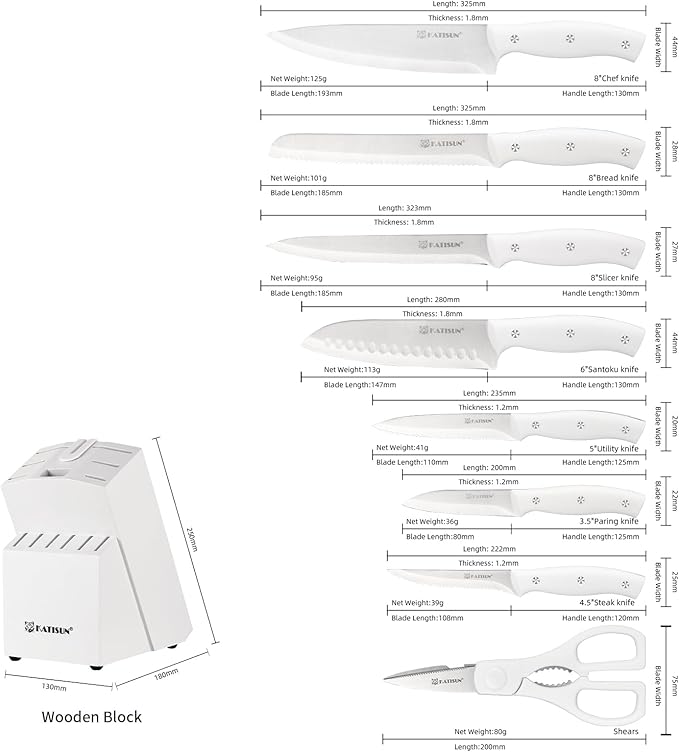 Knife Set, White High Carbon Stainless Steel Kitchen Knife Sets with Block, Built-in Sharpener, Forged Triple Rivet, Dishwasher Safe