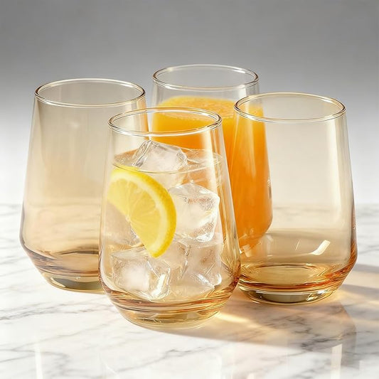 Modern Glass Drinking Cups Set, Clear Crystal Stemless Tumblers, 13.2 oz Capacity, 4.53 inch Height, 4 Pack (Golden) Kitchen Water Iced Tea Juice Beverage Glass