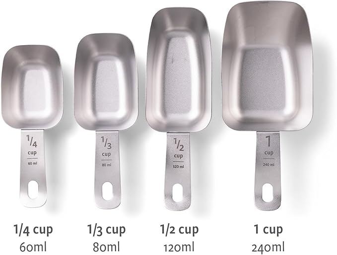 Full Circle Inside Scoop Stainless Steel Measuring Cups, 4-Piece Set (¼ cup, 1/3 cup, ½ cup, and 1 cup), Dishwasher Safe