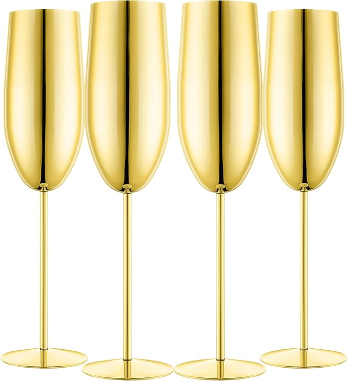 Stainless Steel Champagne Flutes Set of 4-Wedding &Birthday Gifts,8.5 Oz Unbreakable Champagne Glass with Long Stem,Reusable Indoor Outdoor Drinkware (Gold)