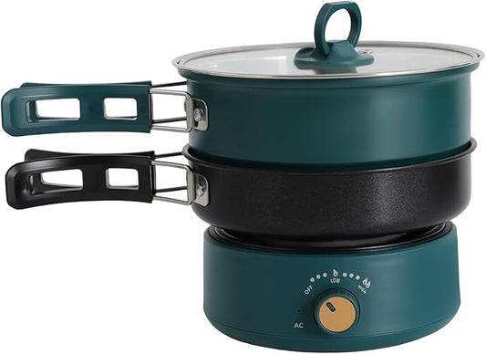 Portable Electric Hot Pot,500W Mini Electric Cooker w/Foldable Handles & Steamer,Non-stick Frying Pan,Multi-Functional Ramen Noodle Cooker Power Adjustment for Steaks,Soup,Pasta (Green)