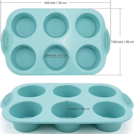 Baocuan Silicone Muffin Pan - 6-Cavity Nonstick Baking Tray for Muffins, Cupcakes, Brownies and More - Food Grade and BPA Free - Pack of 3 Colors (Gray, Orange, Peacock Blue)