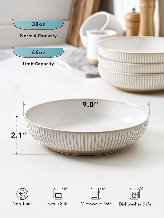 LE TAUCI Pasta Bowls 46oz, Large Salad Bowl, Ceramic Embossment Stoneware Serving Plate for Fruits, Noodle, Dinner, House-warming Wedding Present - 9 Inch, Set of 4, Arctic White