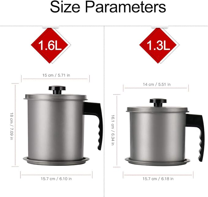 Cambom Bacon Grease Container with Fine Mesh Strainer, 1.6L almost 7 Full Cups Iron Cooking Oil Can with Removable a Coaster Tray for Kitchen Fat Storage Grey