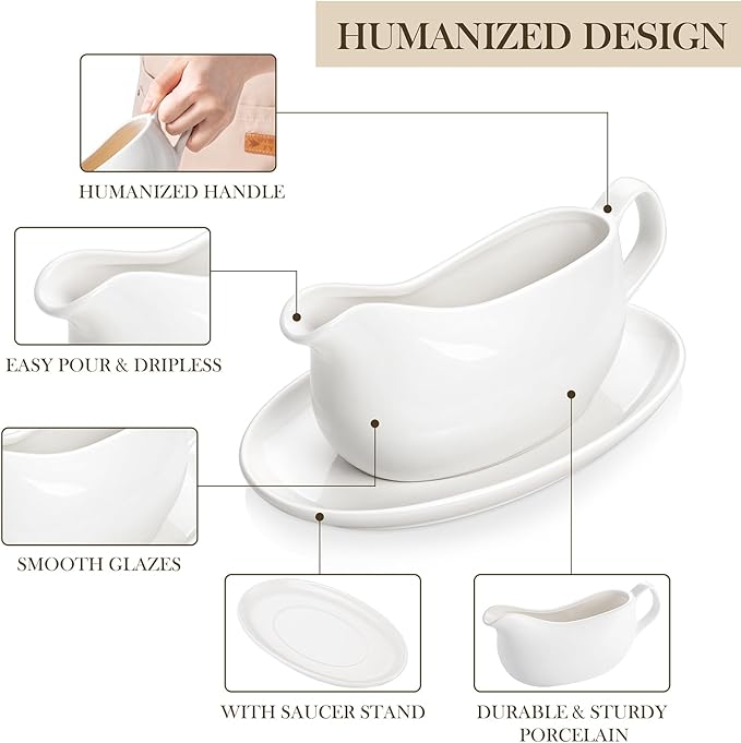 MALACASA 14 oz Gravy Boat with Saucer Stand, Porcelain Sauce Boat with Tray for Salad Dressings, Creamer, Broth, Milk, Ergonomic Handle, Microwave & Dishwasher Safe (White)