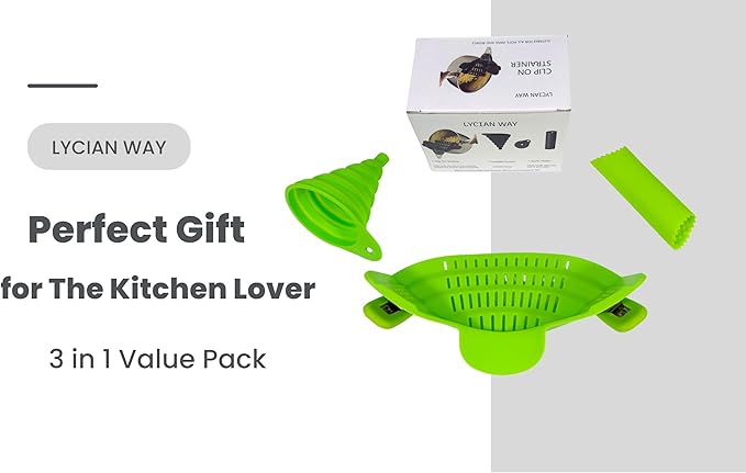 Clip on Strainer Silicone for All Pots and Pans, Colander, Pot Strainer for Pasta, Meat, Vegetables, Space Saving Design, Food-Safe w/Collapsible Funnel, Garlic Peeler, 3 Pack(Lime Green)