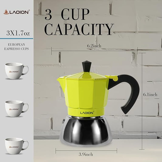 LAOION Stovetop Espresso Maker, 3Cup Moka Pot, Espresso Machine Compatible with Induction Cooktops, 150ml Stainless Steel & Aluminum Cuban Coffee Maker for Cafetera Cubana, Green