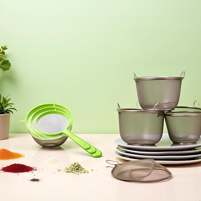 3 Pcs Green Flour Sifter with Long Handle, Flour Sifter with Long Handle, Hangable Flour Colander Powder Filter, Food Strainers Gadgets, Fine Mesh Colander Coffee Filter Tea Strainer